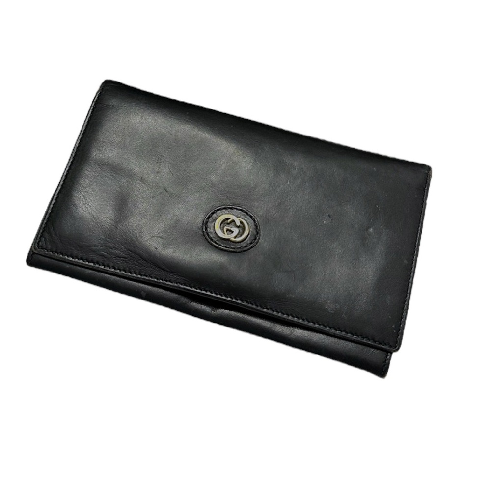 Gucci Black Leather Bifold Wallet Vintage with Gold CC Closure Authentic Luxury